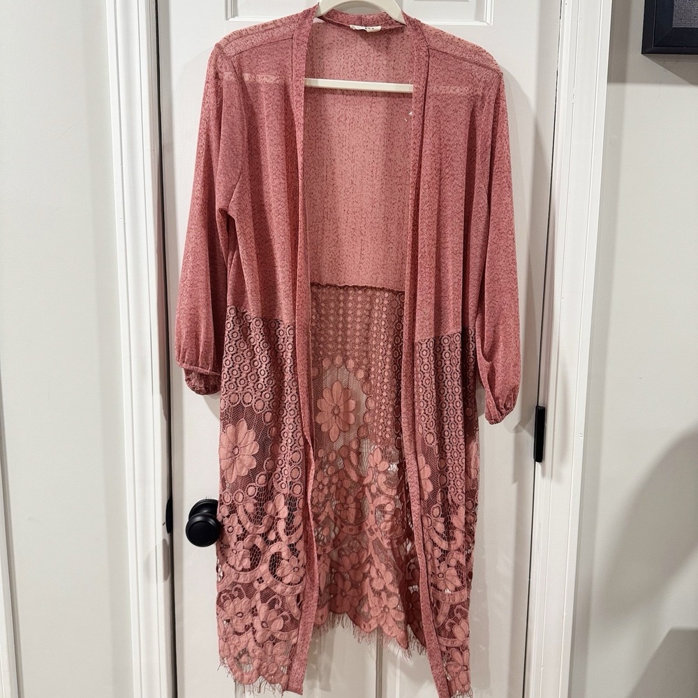 Ember Womens XL Dusty Rose Lace Duster Cardigan Boho Floral Open Front Long
